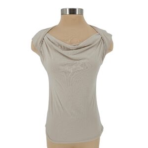 Ann Taylor Blouse Taupe Beige Short Sleeve Cowl Drape Neck Top Petite PS